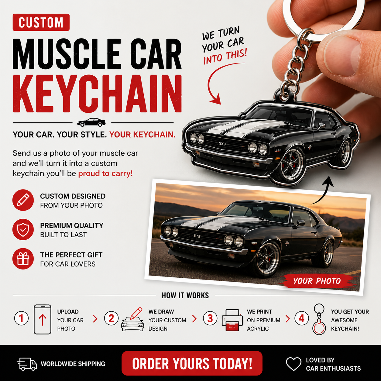 Custom muscle car keychain featured image showing a personalised acrylic muscle car keychain with clean sharp edges and no visible border