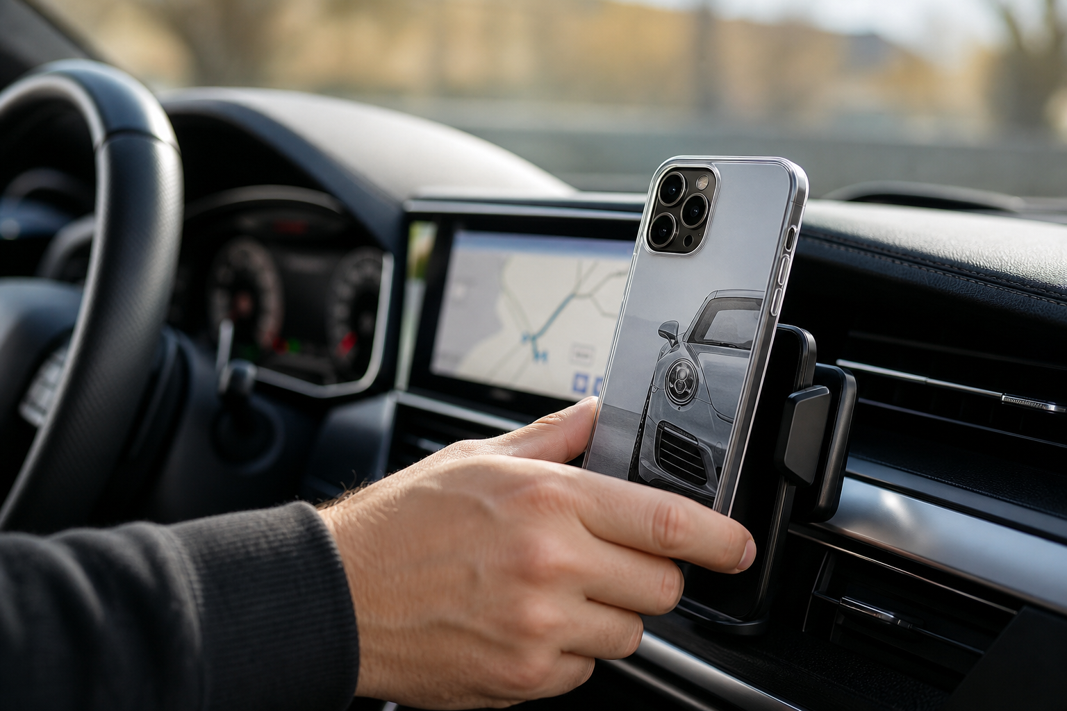 Car phone case in use with in-car navigation for everyday driving